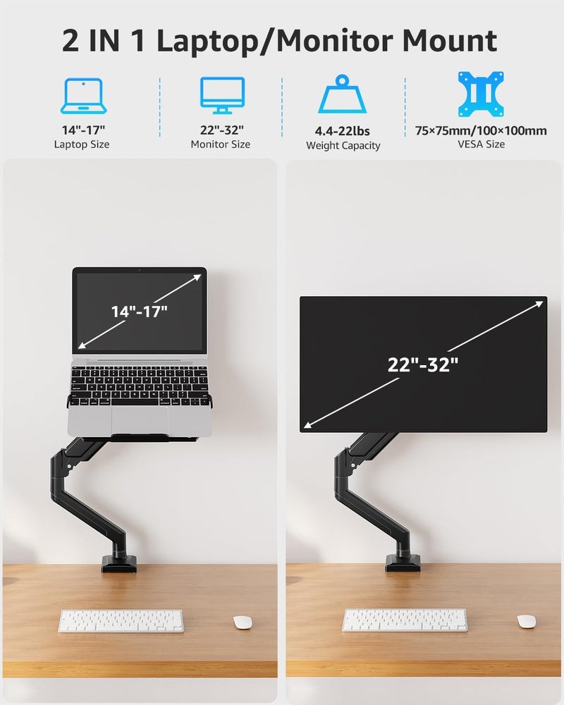 MOUNTUP Laptop Stand for Desk, 2-in-1 Monitor Mount with Laptop Tray Holds 2.2-22lbs, Adjustable Laptops Arm Mount for Max 17" Notebook & 32" Monitor, Laptops Desk Arm with Clamp/Grommet - Image 2